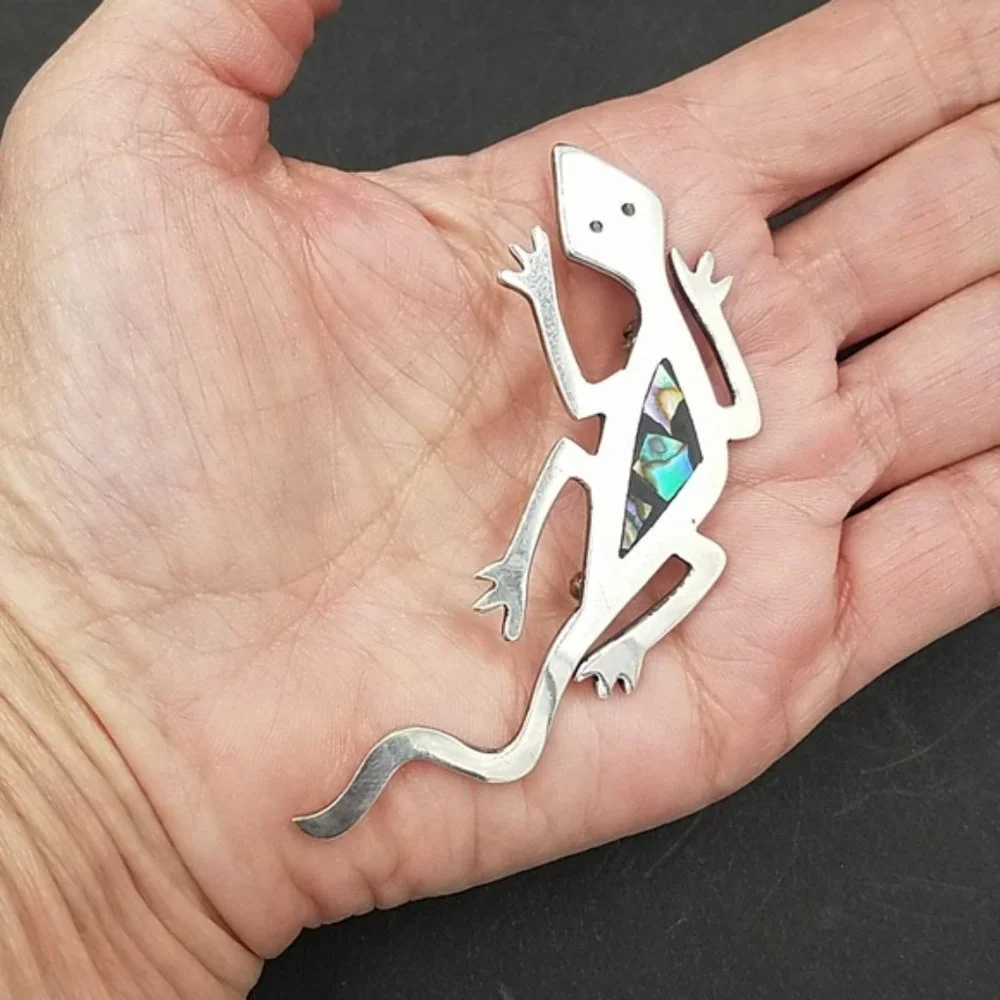 Large Vintage Taxco Sterling Abalone Gecko Lizard Brooch